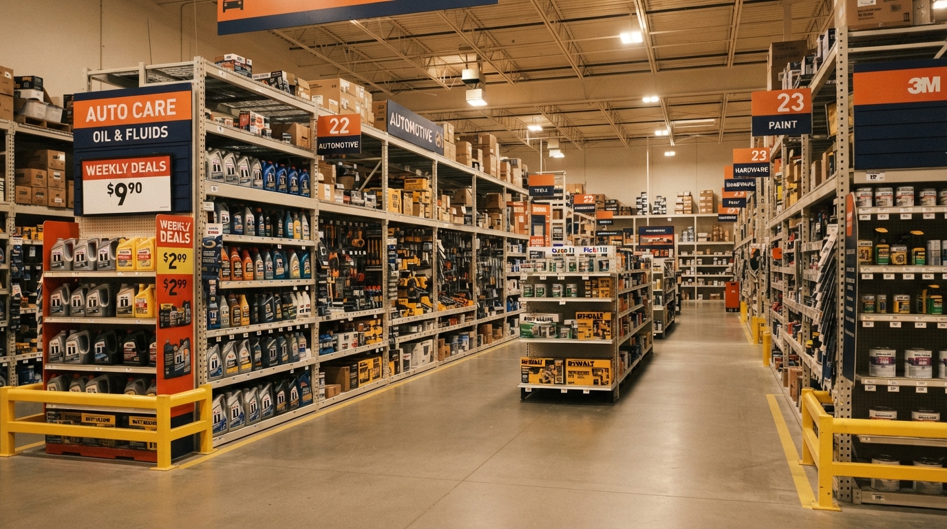 Big-box retail interior and endcap display representing mass retail category management and listing execution