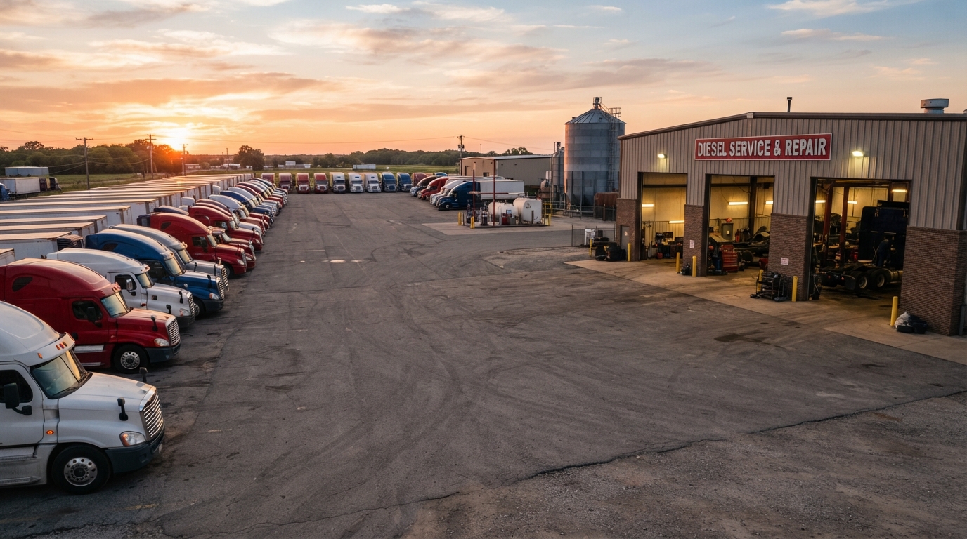 Truck fleet yard and diesel service bay representing heavy-duty and specialty parts distribution