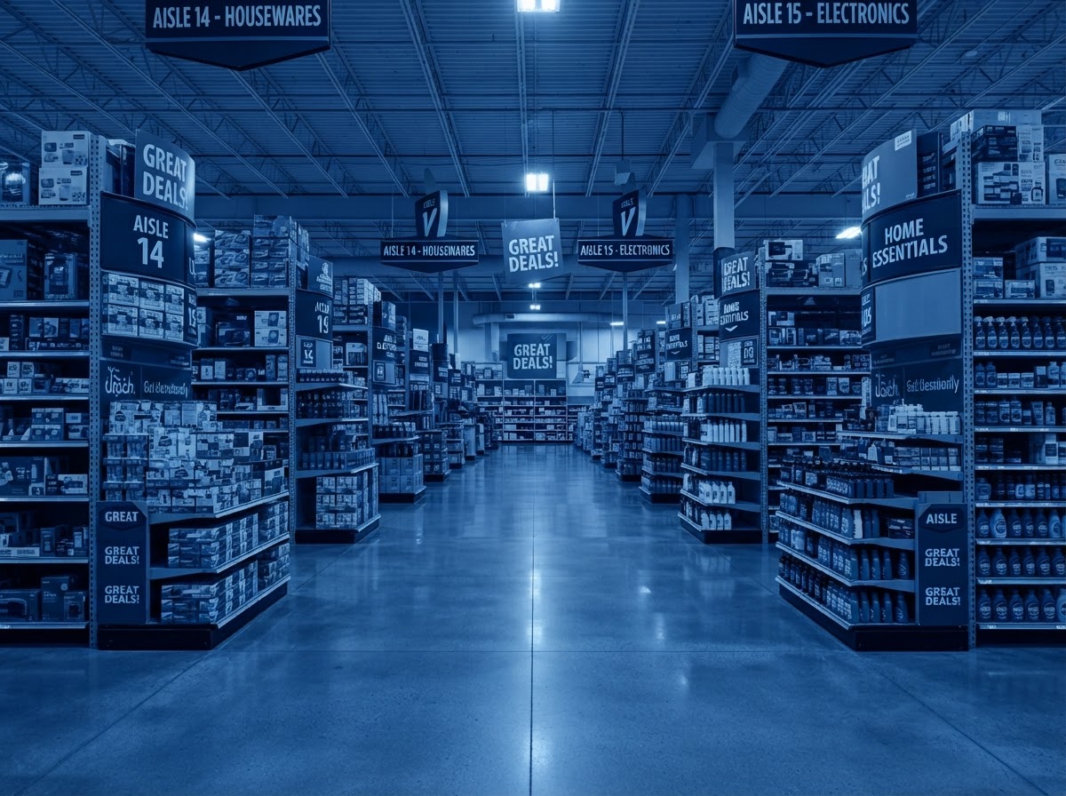 Big-box retail interior with endcap display and category shelving