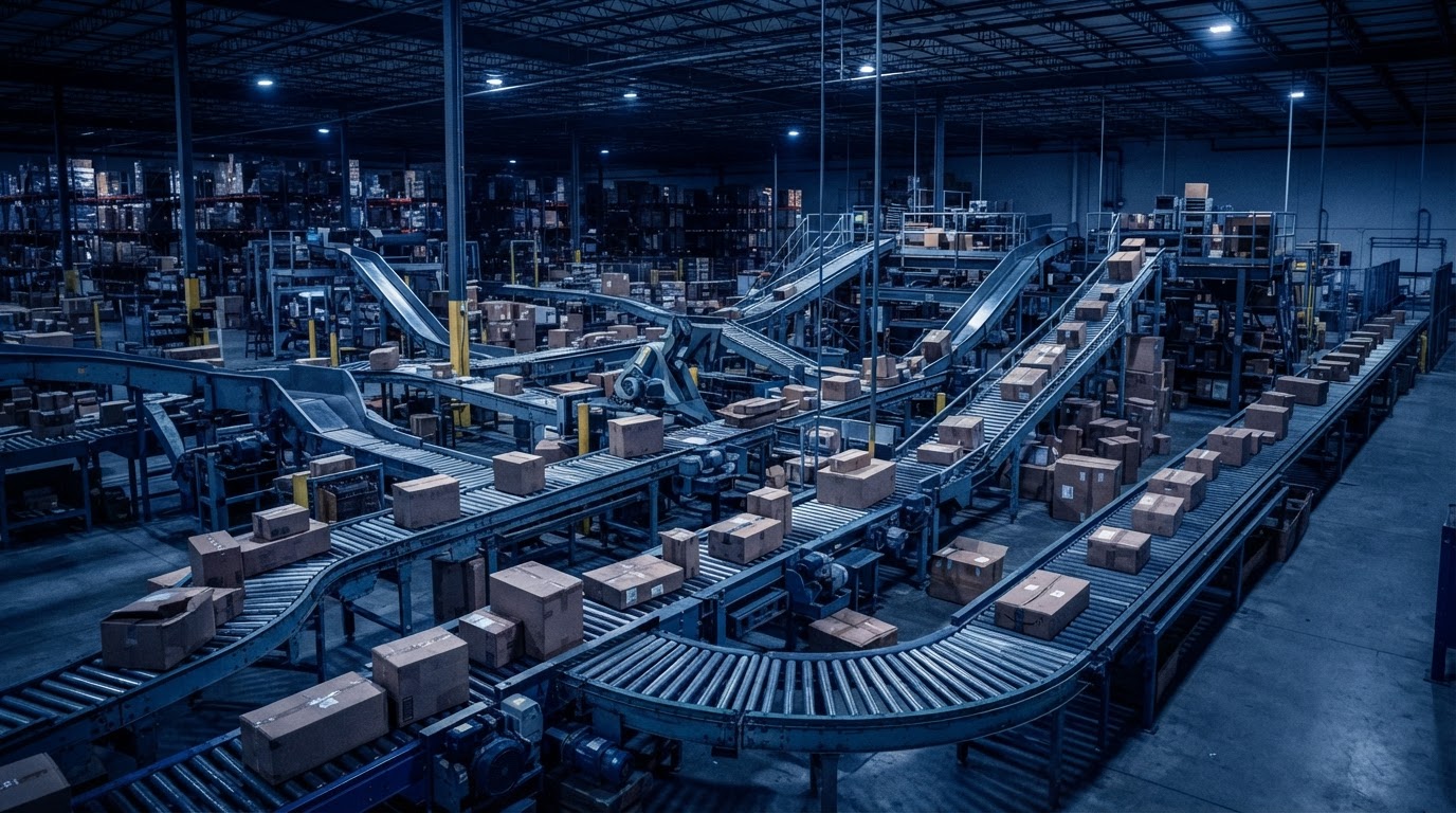 Distribution center fulfillment line with conveyor sorting shipping boxes, the operational scale of GLOWINT's field work
