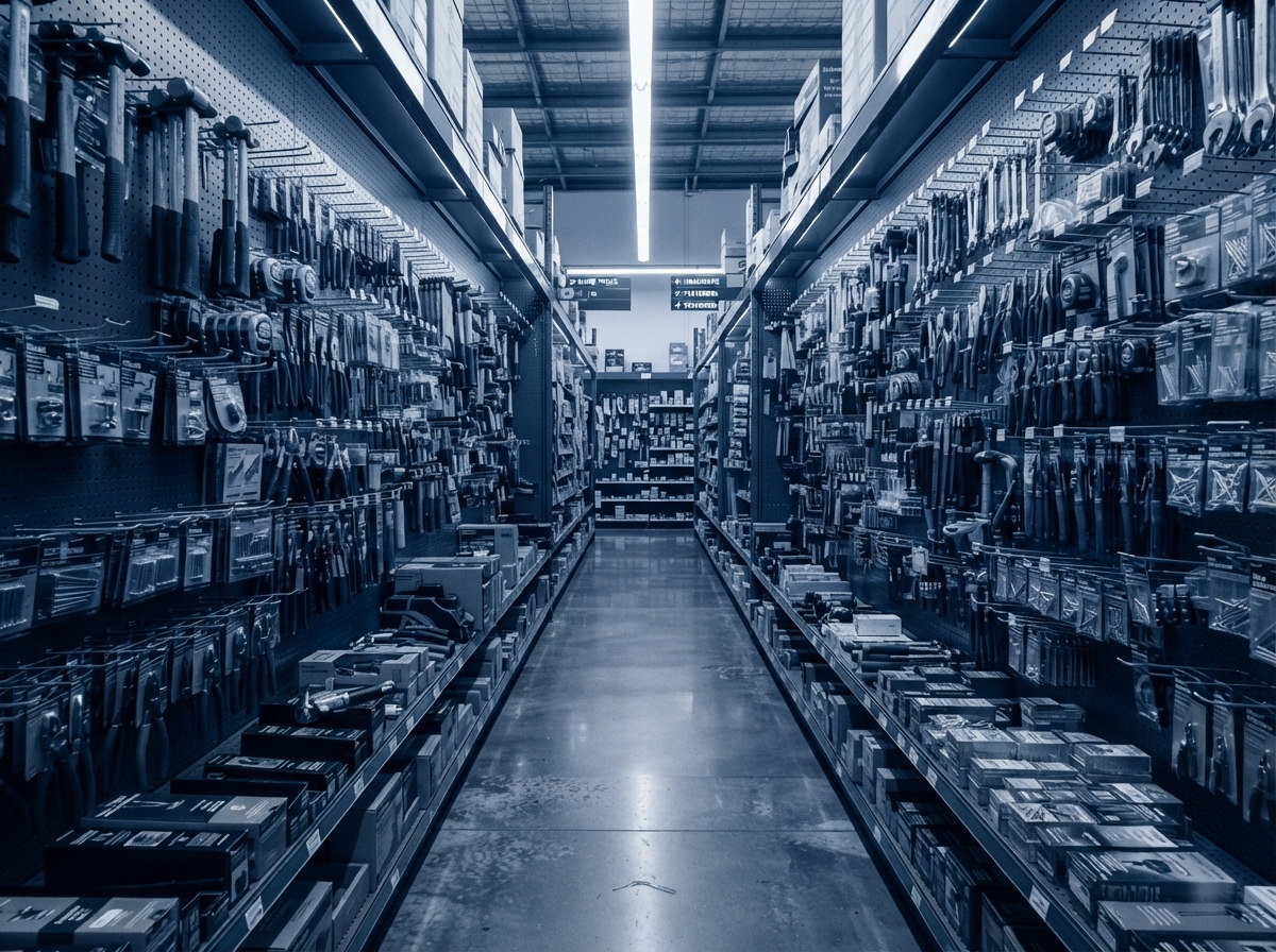 Hardware store aisle with tool wall and pegboard planogram