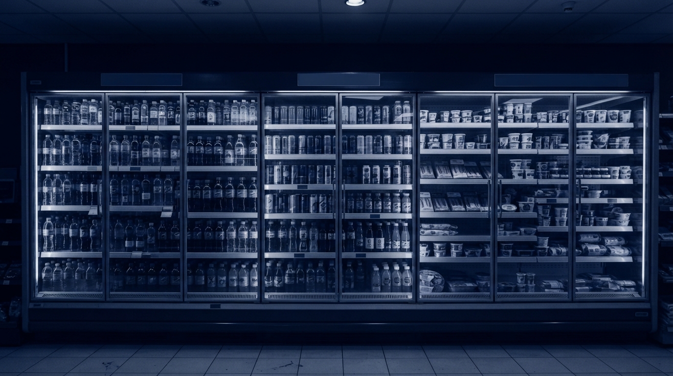 Convenience store cooler display representing retail category execution across channels