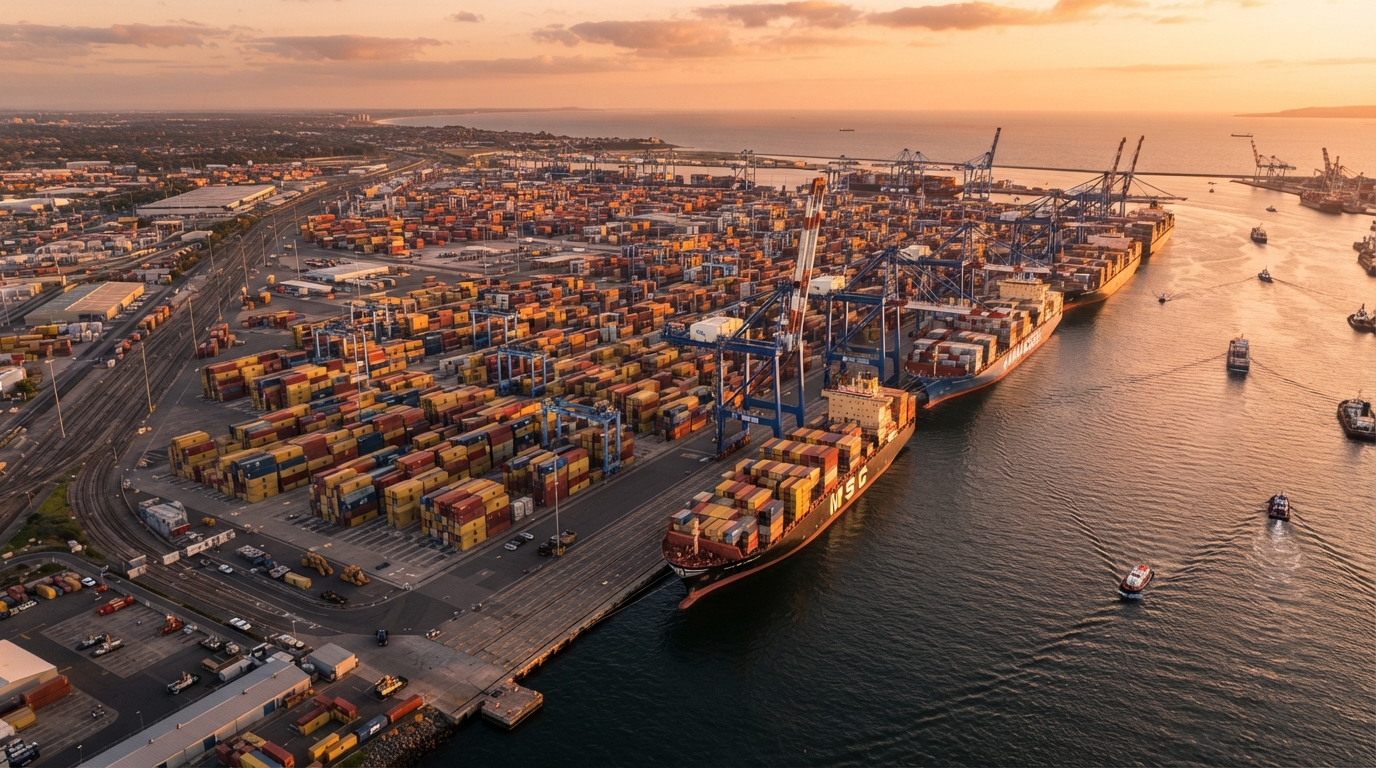 Container port and freight logistics, global trade infrastructure