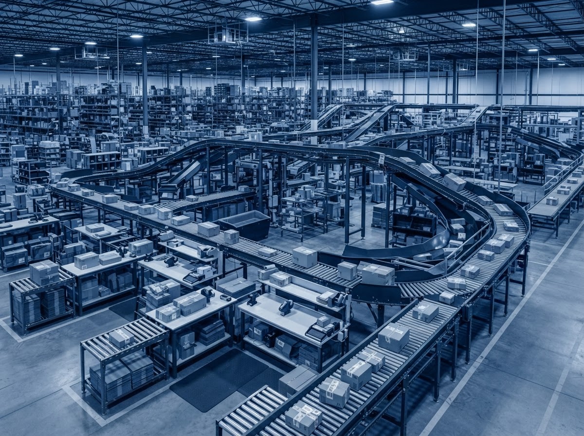 Fulfilment centre interior with conveyor and packing stations for e-commerce logistics