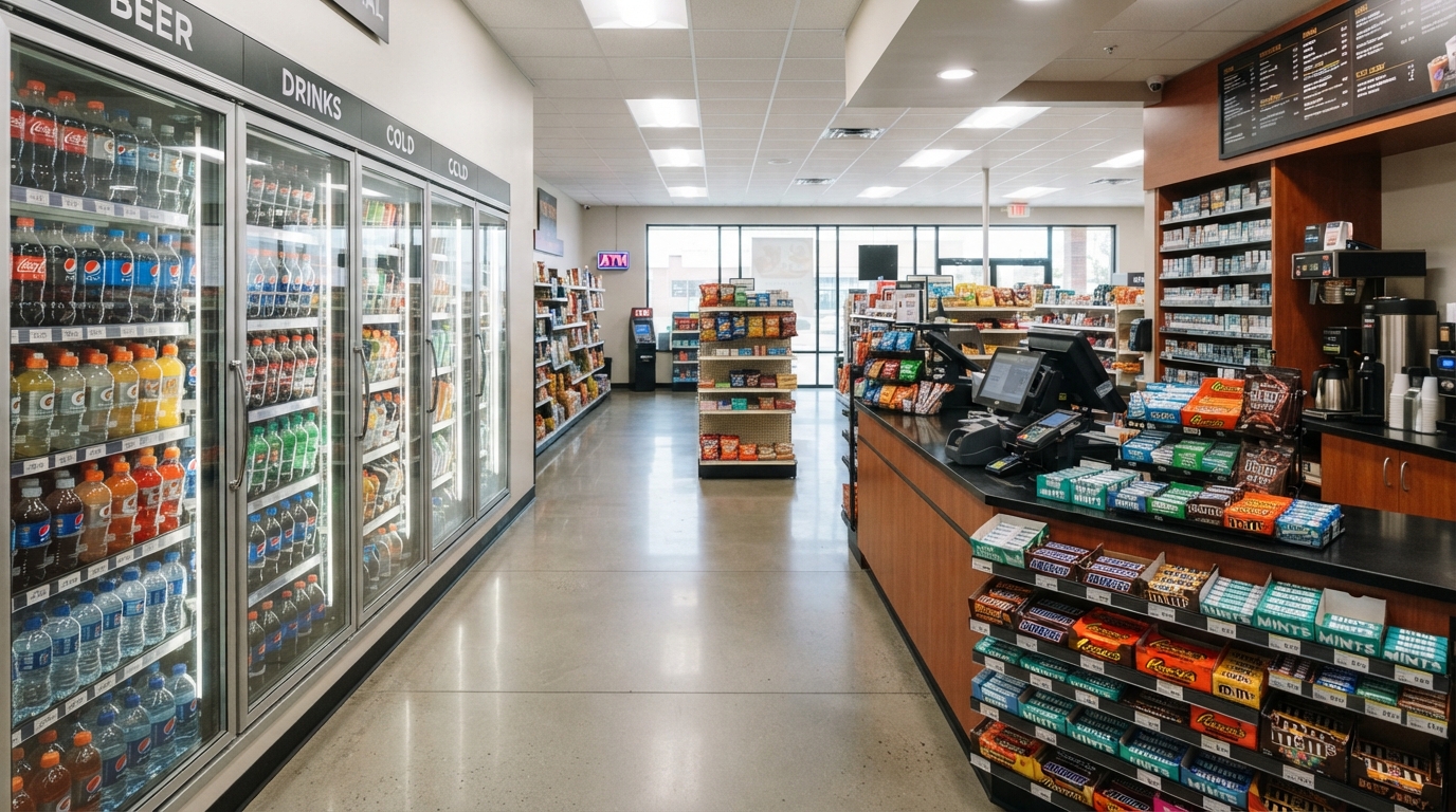 Convenience store cooler set and counter display representing c-store programme design and placement