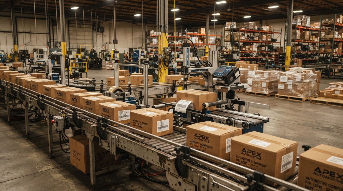 Fulfilment centre and packing line representing e-commerce logistics and direct-to-consumer channel structure