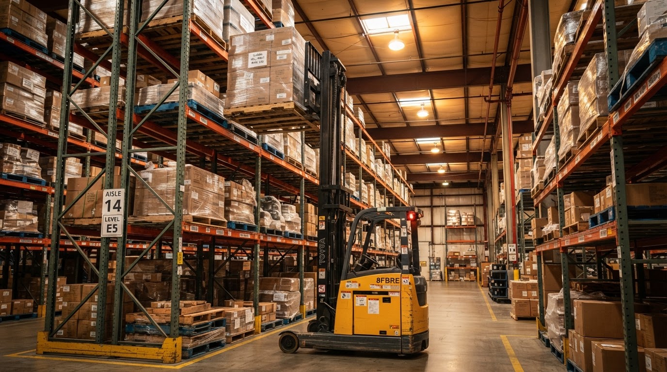 Forklift operating with palletized goods in a warehouse, nearshoring supply chain relocation
