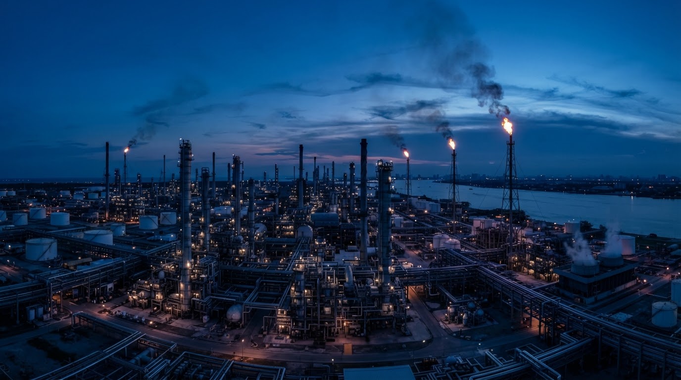 Monumental refinery complex at dusk, global energy infrastructure representing GLOWINT's international consulting reach