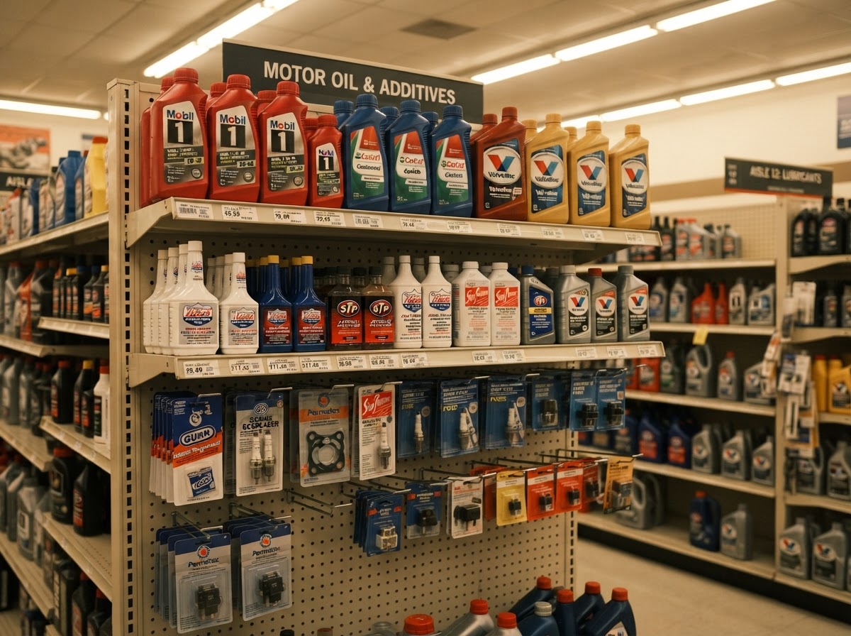 Auto parts retail aisle with pegboard planogram and organized aftermarket shelves