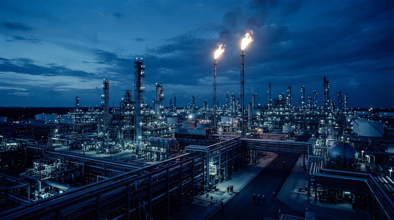 Industrial refinery complex and tank farm representing lubricant and base oil production
