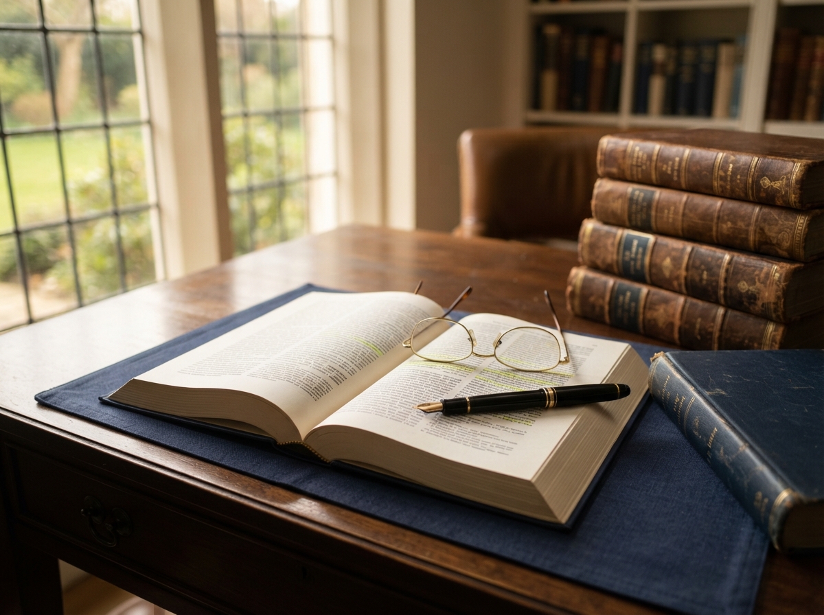Escritorio de investigación jurídica con libros y publicaciones académicas