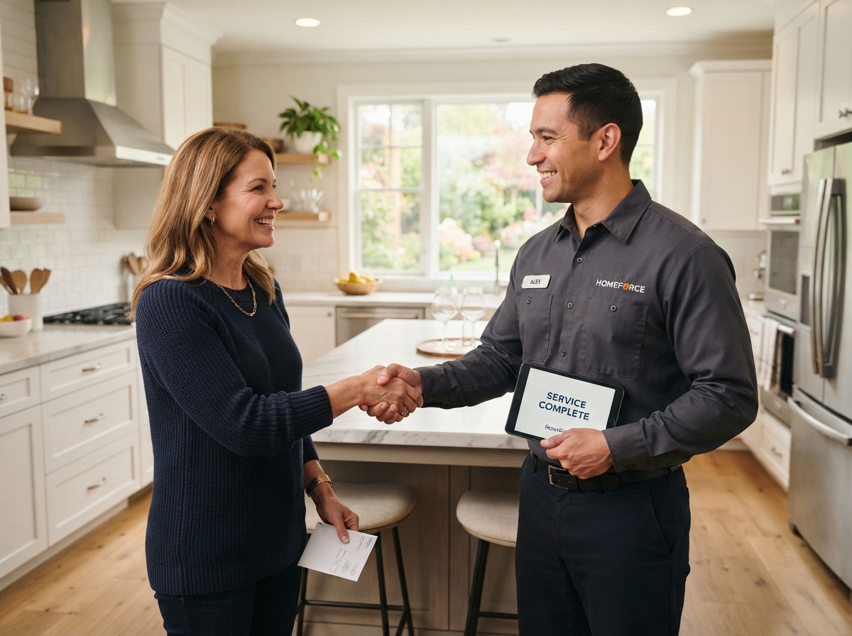 A happy homeowner with a friendly service professional after completed service