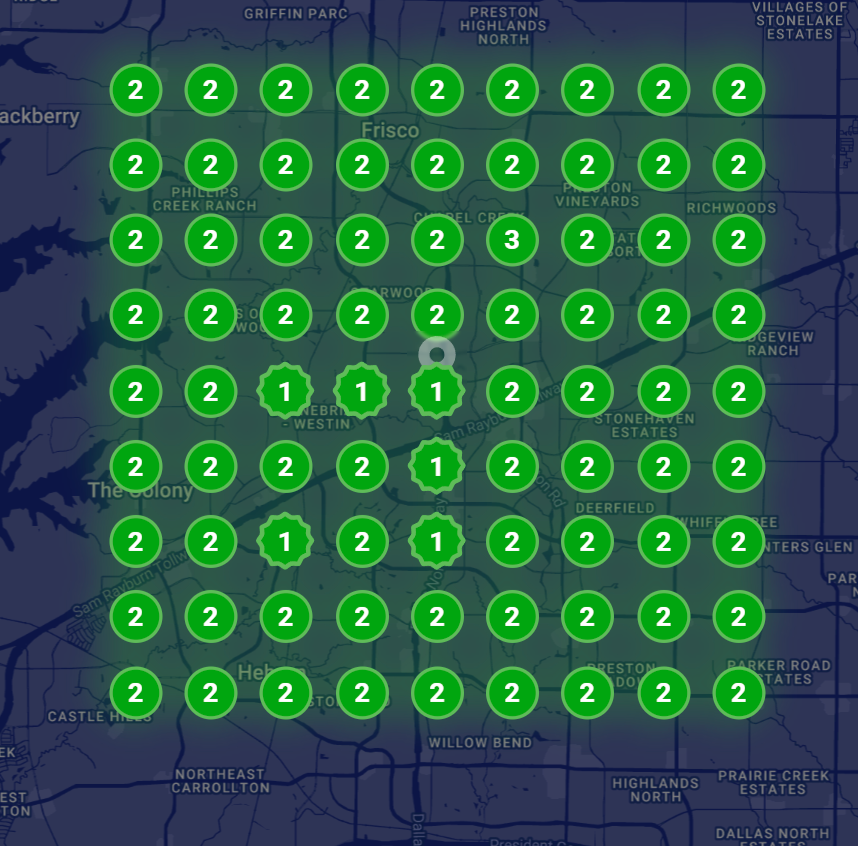 After: Geo-grid showing strong local visibility with predominantly green ranking circles across the same service area