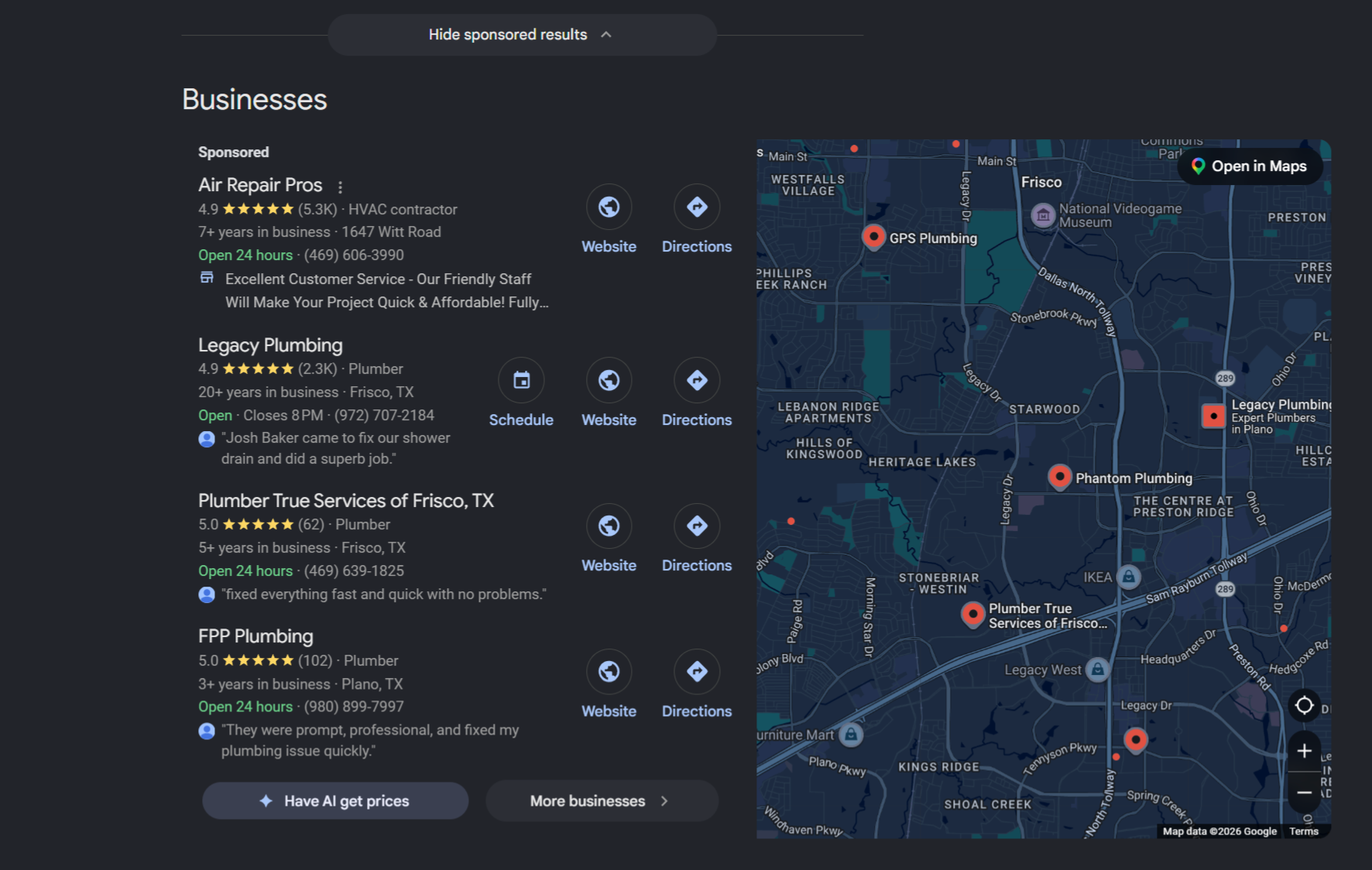 Google Map Pack example showing local business search results with three top-ranked plumbing businesses displayed on the left and their locations marked on a map on the right
