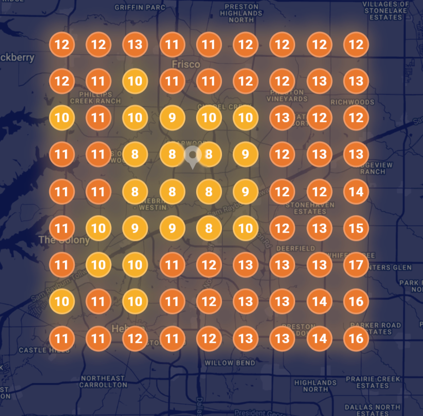 Before: Geo-grid showing limited local visibility with mostly orange and red ranking circles across the service area