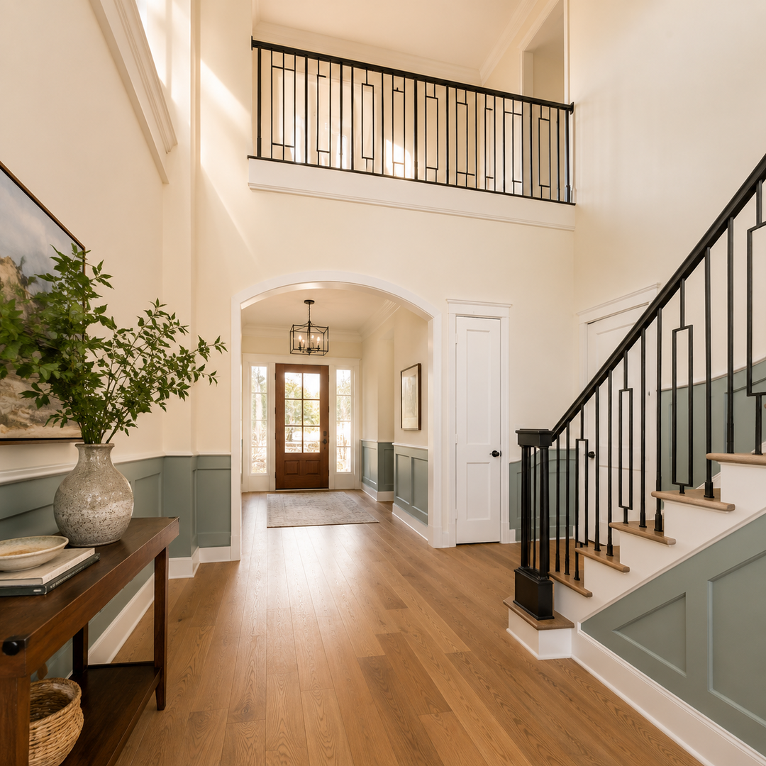 Two-tone painted entryway with sage green wainscoting and black iron railings, hardwood floors, and arched doorway
