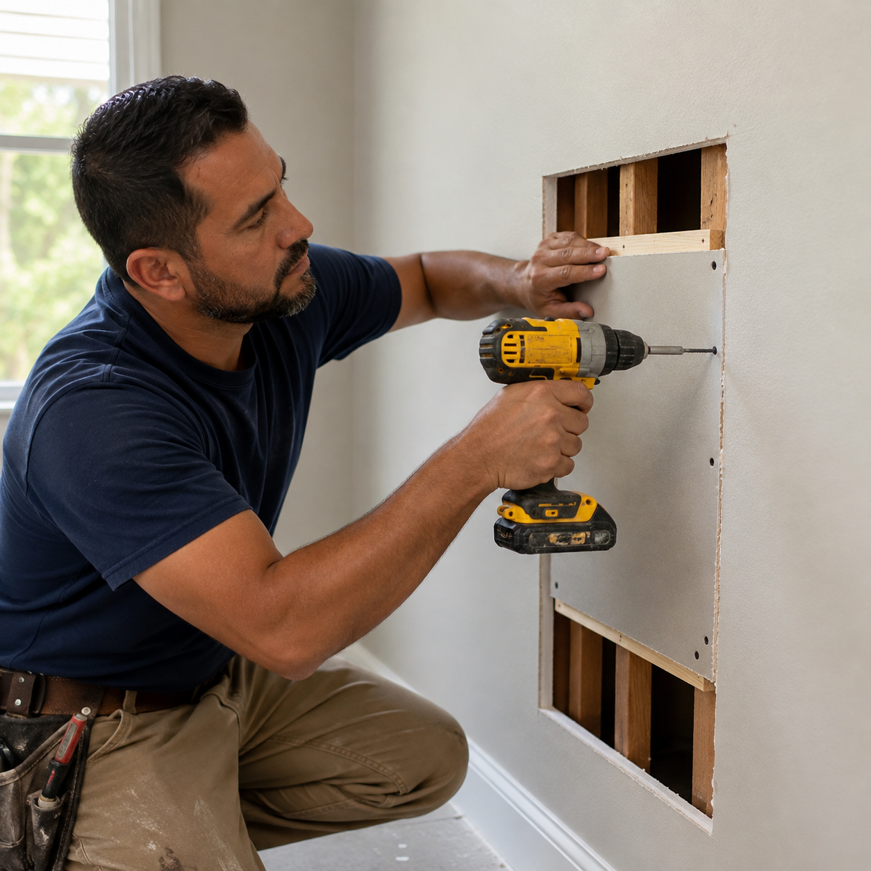 Contractor installing new drywall panel with cordless drill, professional drywall repair service