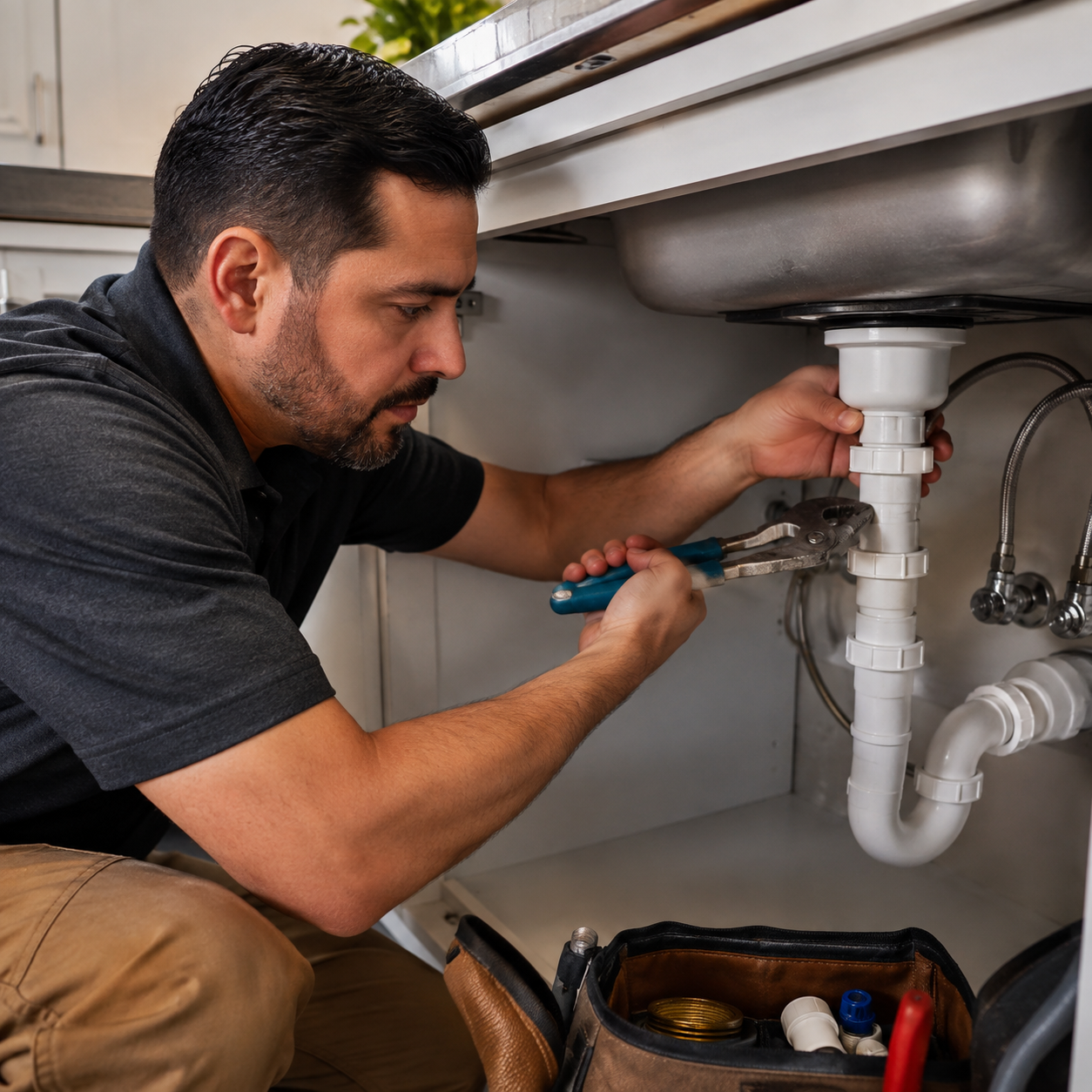 Licensed plumber repairing kitchen sink drain pipes with wrench and proper tools, professional residential plumbing service