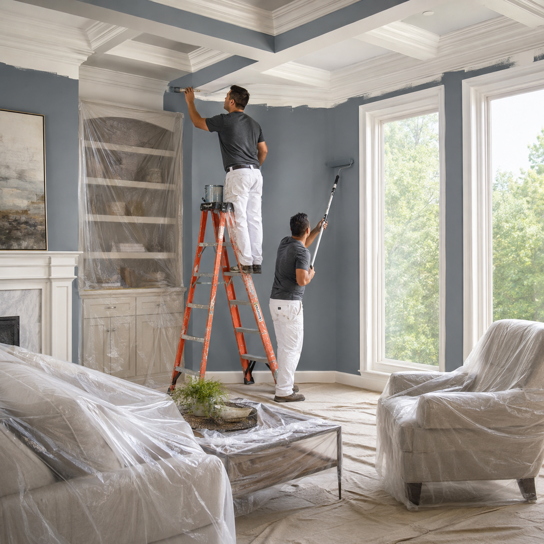 Interior painting in progress with crown molding and coffered ceiling, two painters working on walls and trim