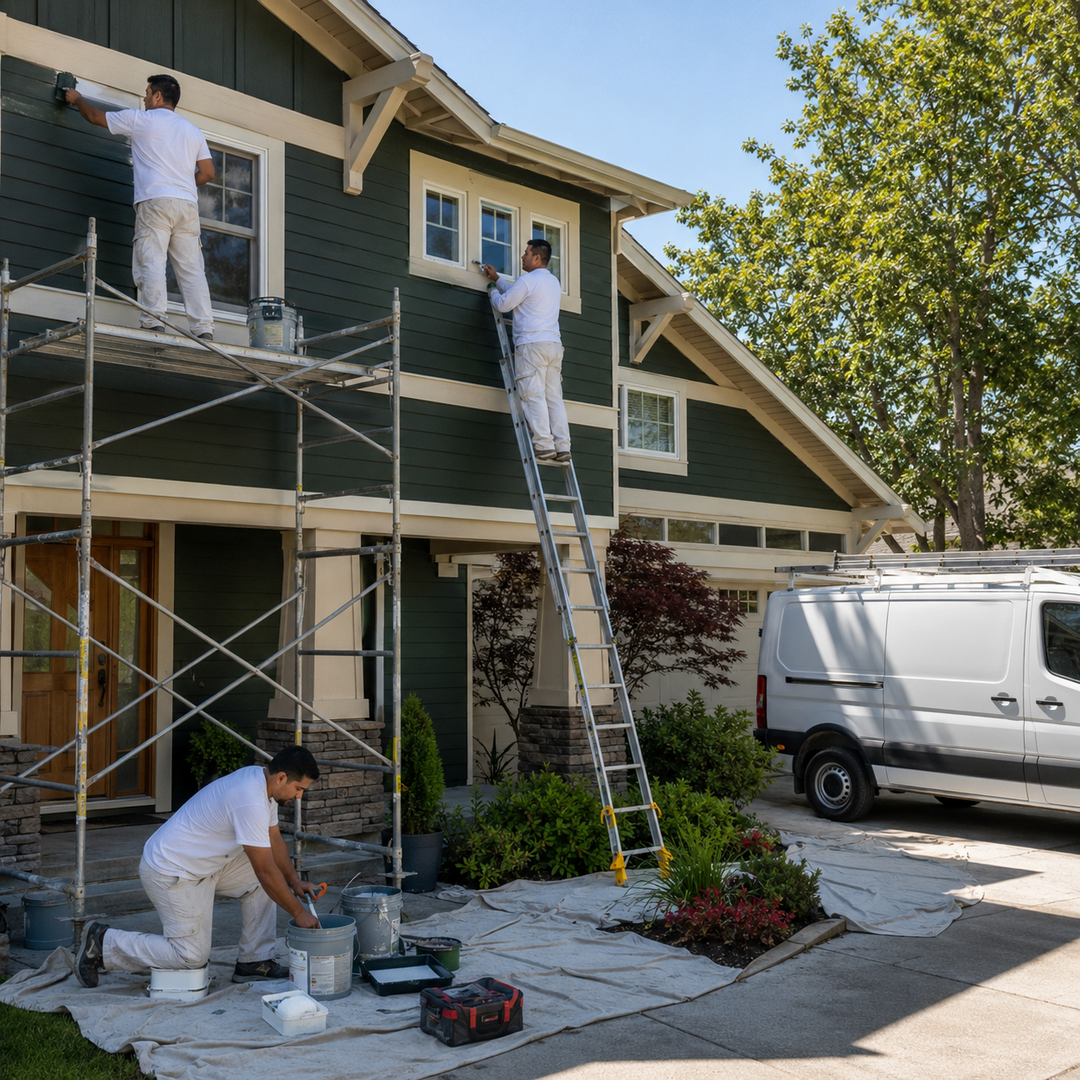 Exterior painting crew on scaffolding and ladders applying green siding with cream trim on a two-story home