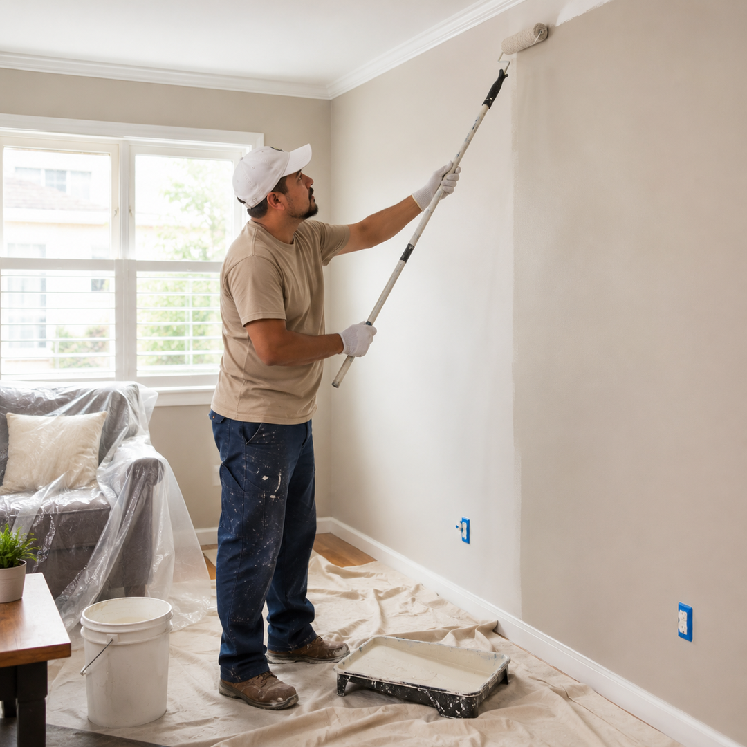 Painter using extension roller on interior wall with proper drop cloth protection and furniture covering