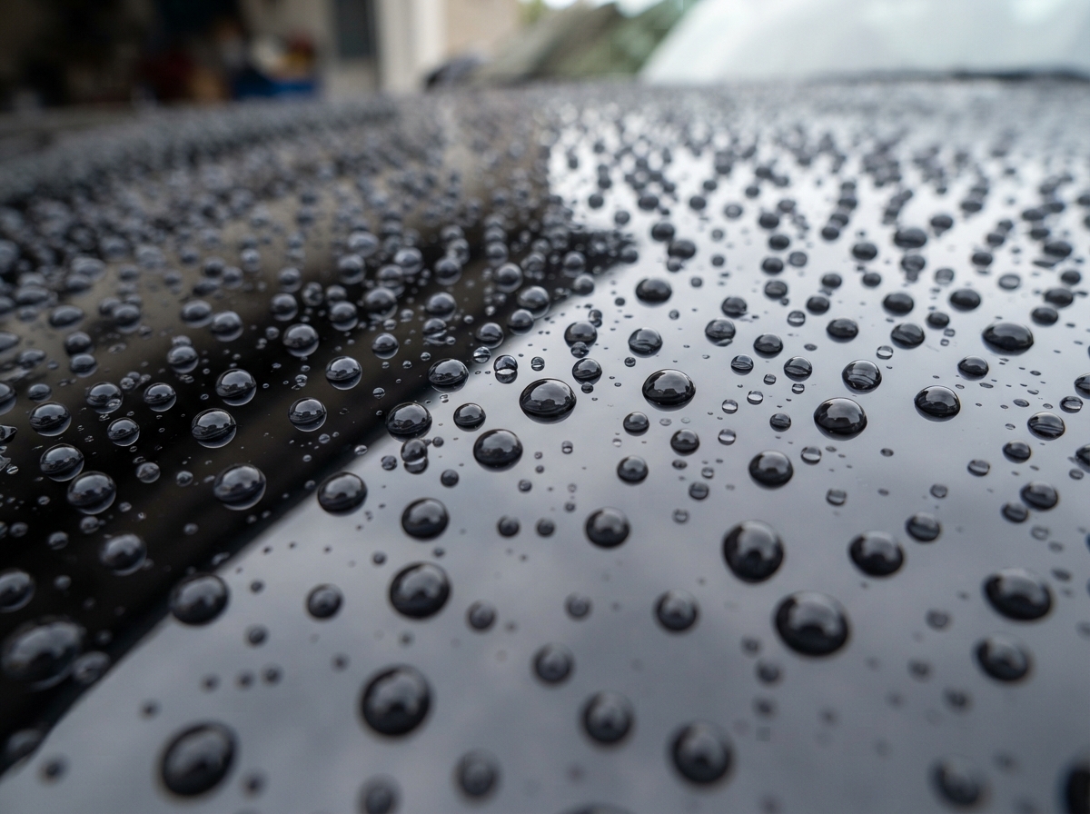 Water beading on a ceramic-coated car hood showing hydrophobic effect