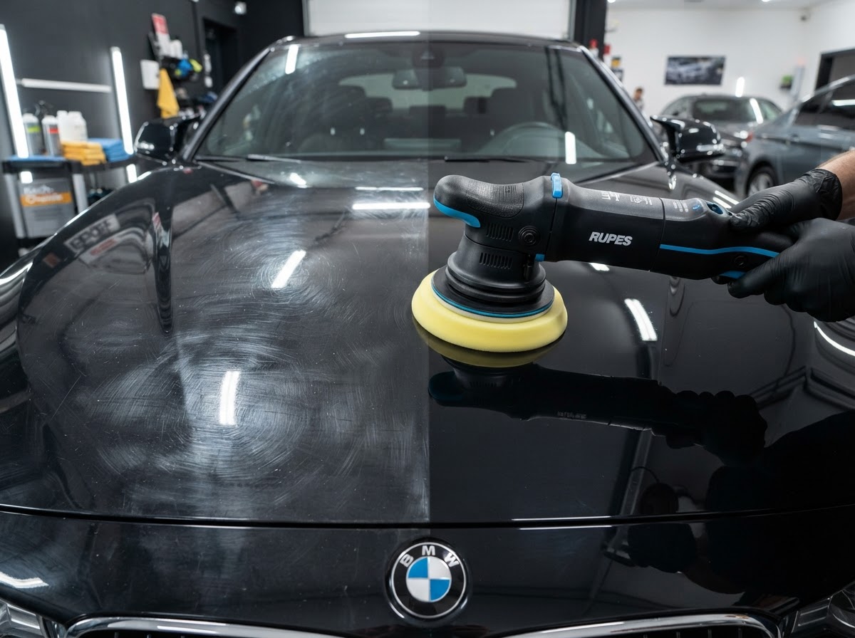 Dual action polisher showing swirl marks on one side and corrected glossy finish on the other