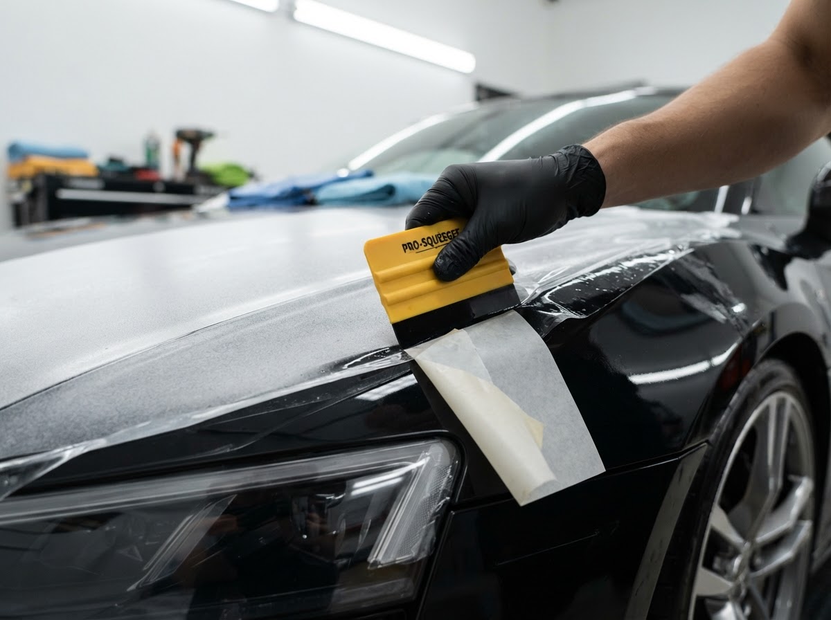 Paint protection film being precisely applied to a car hood with squeegee