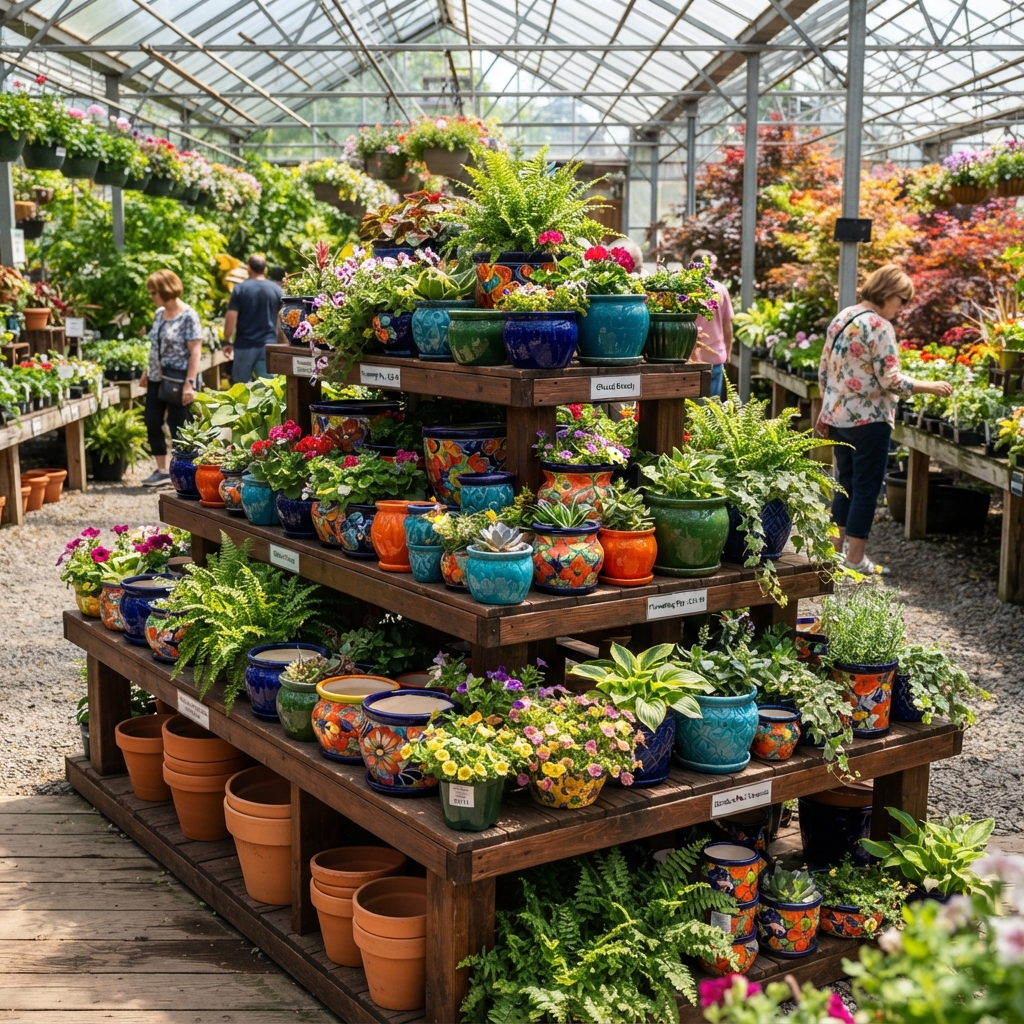 Retail garden center display showing pottery on the sales floor