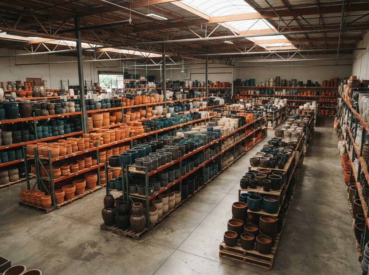 Just Pots Wholesale pottery warehouse showroom stocked with organized rows of glazed planters and terracotta pots for nationwide garden-center supply