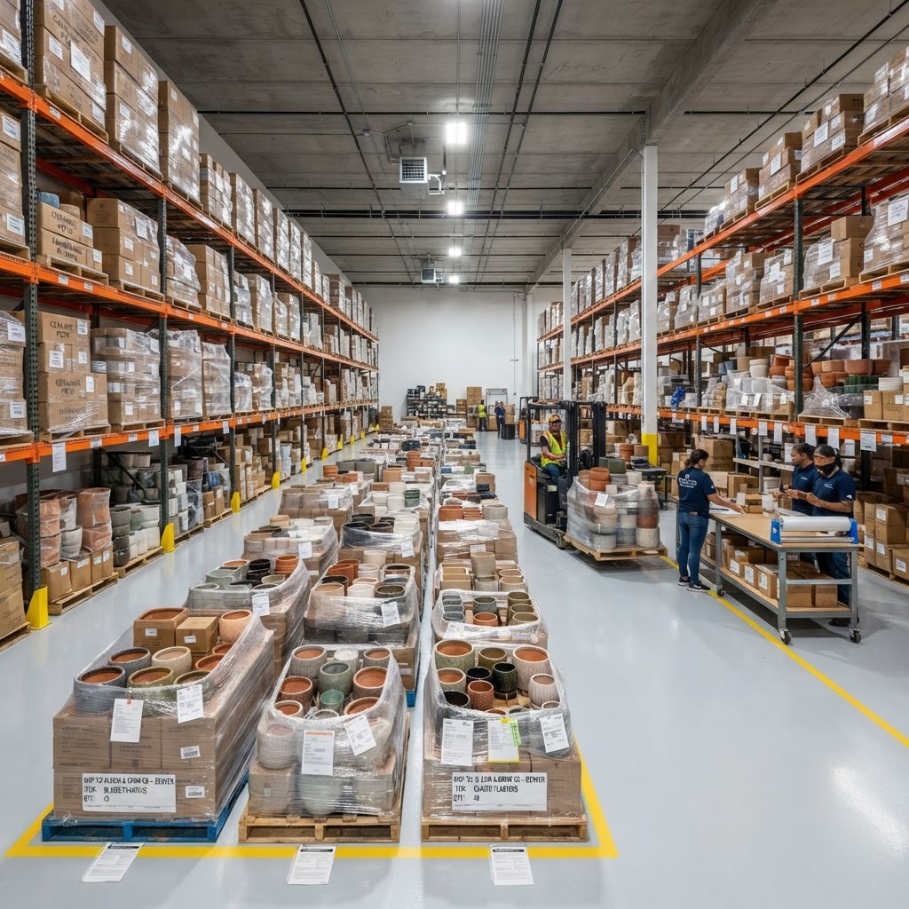 Pallets of wholesale pottery staged in Texas warehouse for shipping