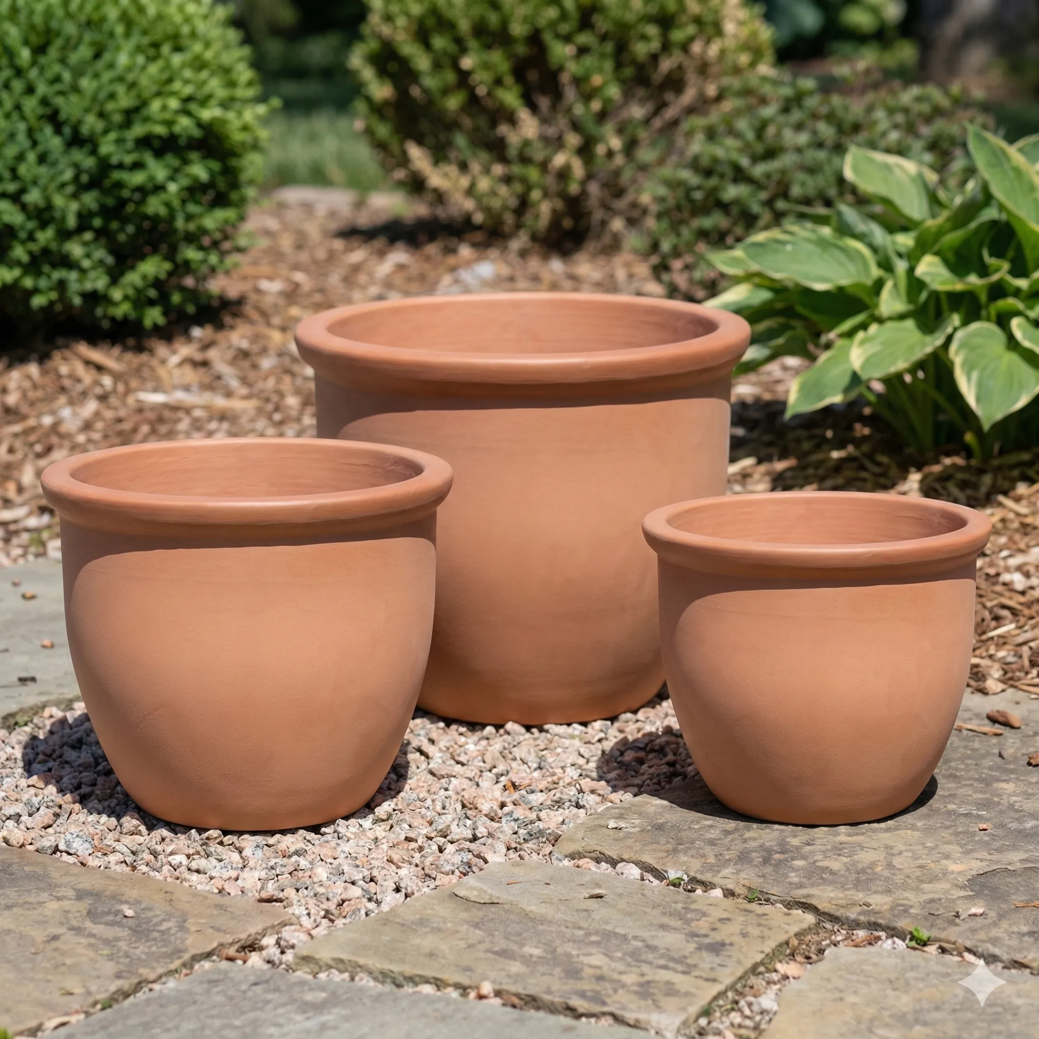 Natural clay wholesale planters in three sizes with warm unglazed finishes on a stone patio