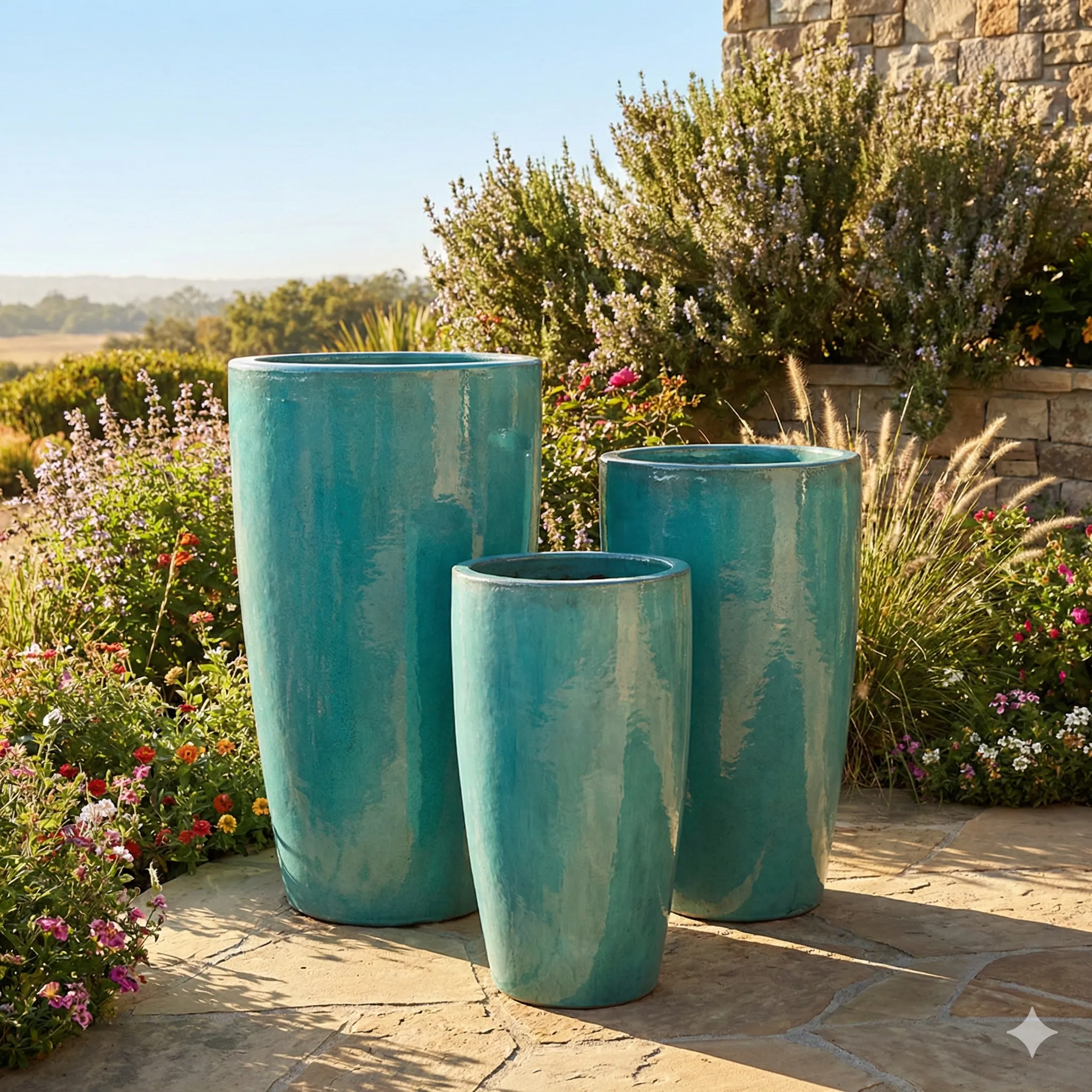 Turquoise glazed Vietnamese wholesale pottery planters in three sizes for garden center retail displays