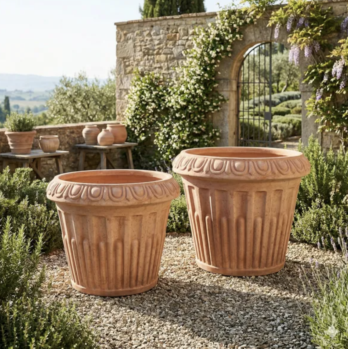 Decorative Italian Impruneta terracotta wholesale pots with ornate rim detailing in a Mediterranean garden setting