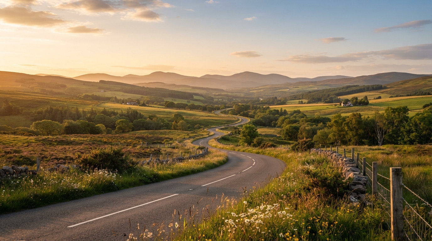 A winding road stretching forward toward the horizon at golden hour