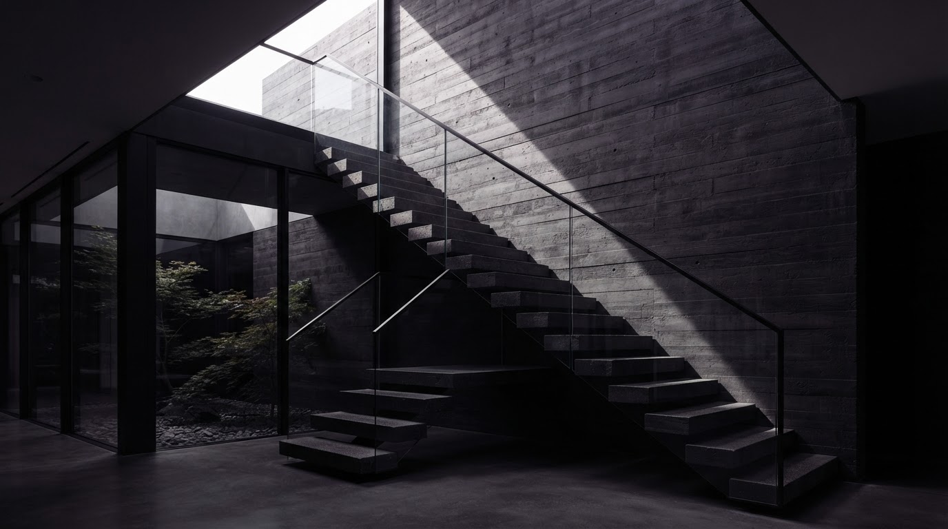 Arquitectura minimalista de concreto y metal — estructura y geometría como metáfora de sistema