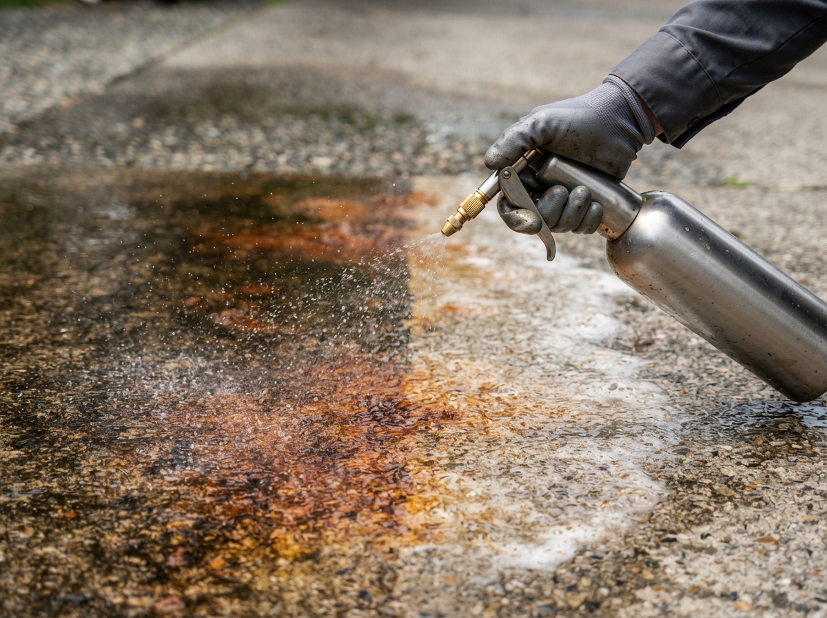 Professional stain removal treatment being applied to an exterior surface in New Jersey