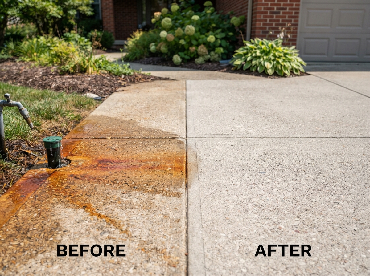 Before and after rust stain removal on a concrete driveway in New Jersey