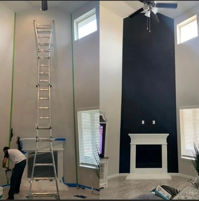 Fireplace wall before and after from beige to dramatic black accent wall with white mantel
