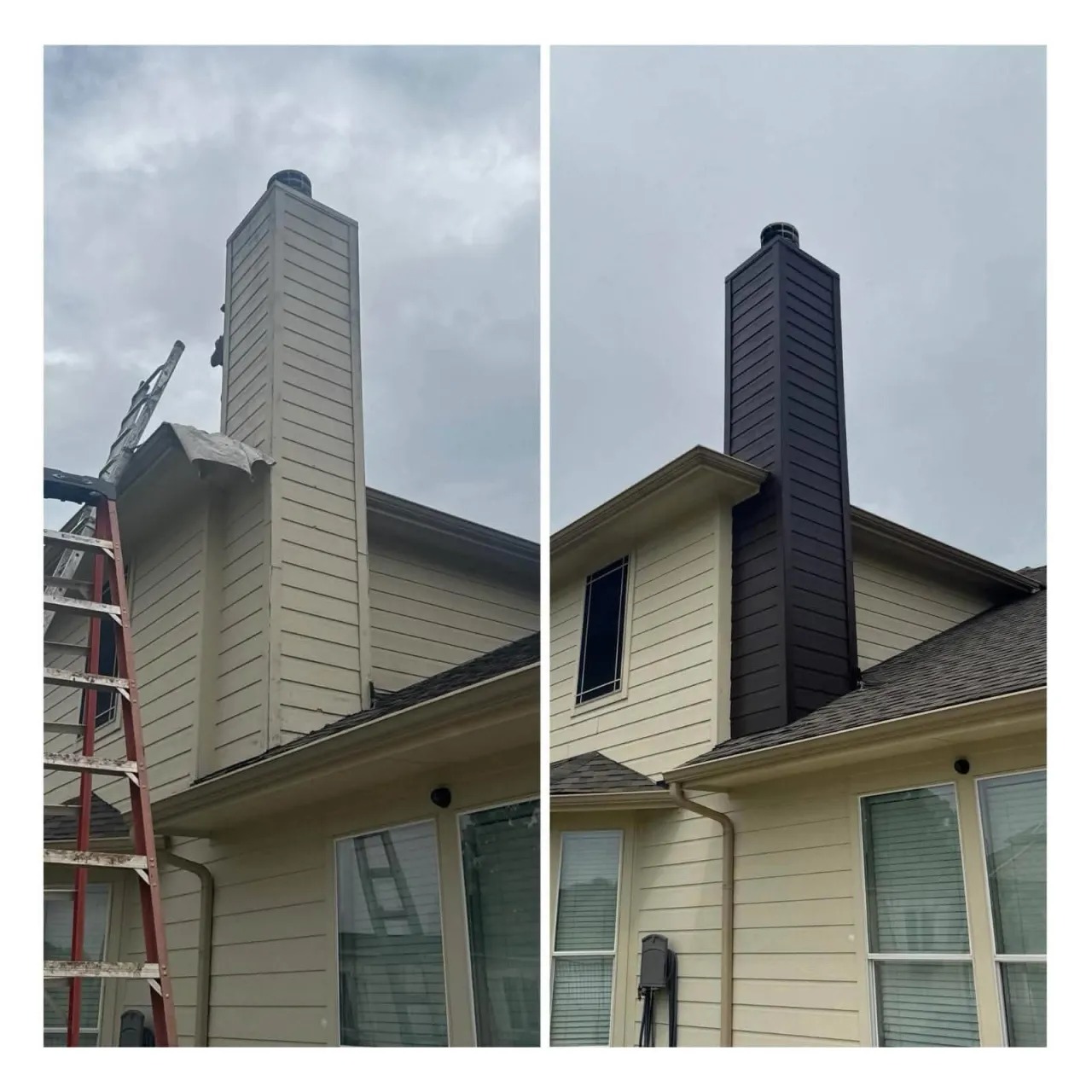 Exterior chimney before and after from faded beige siding to dramatic black paint finish