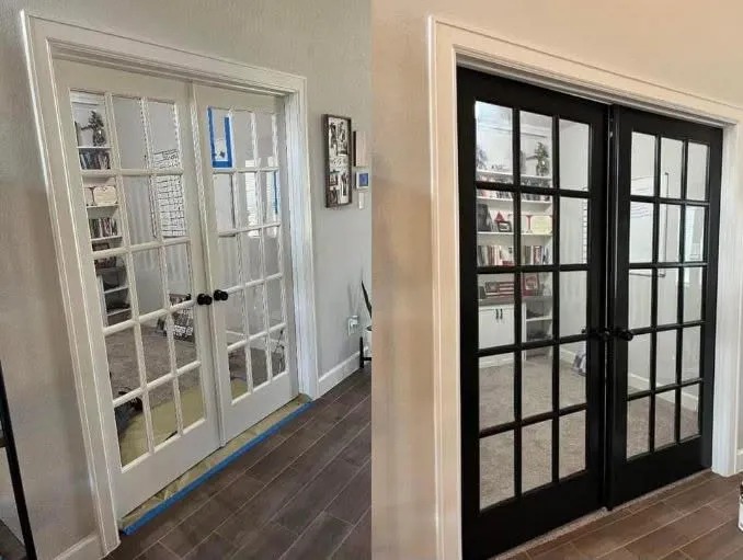 French doors before and after painting from plain white to elegant black finish with glass panes