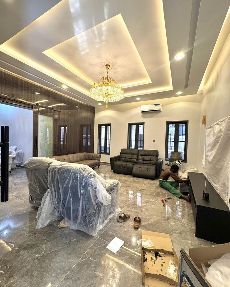 Newly constructed living room during final post-construction cleanup phase