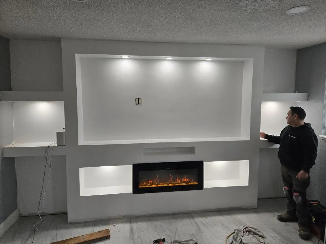 Custom Entertainment Center with Recessed LED Lighting & Electric Fireplace — Fair Oaks