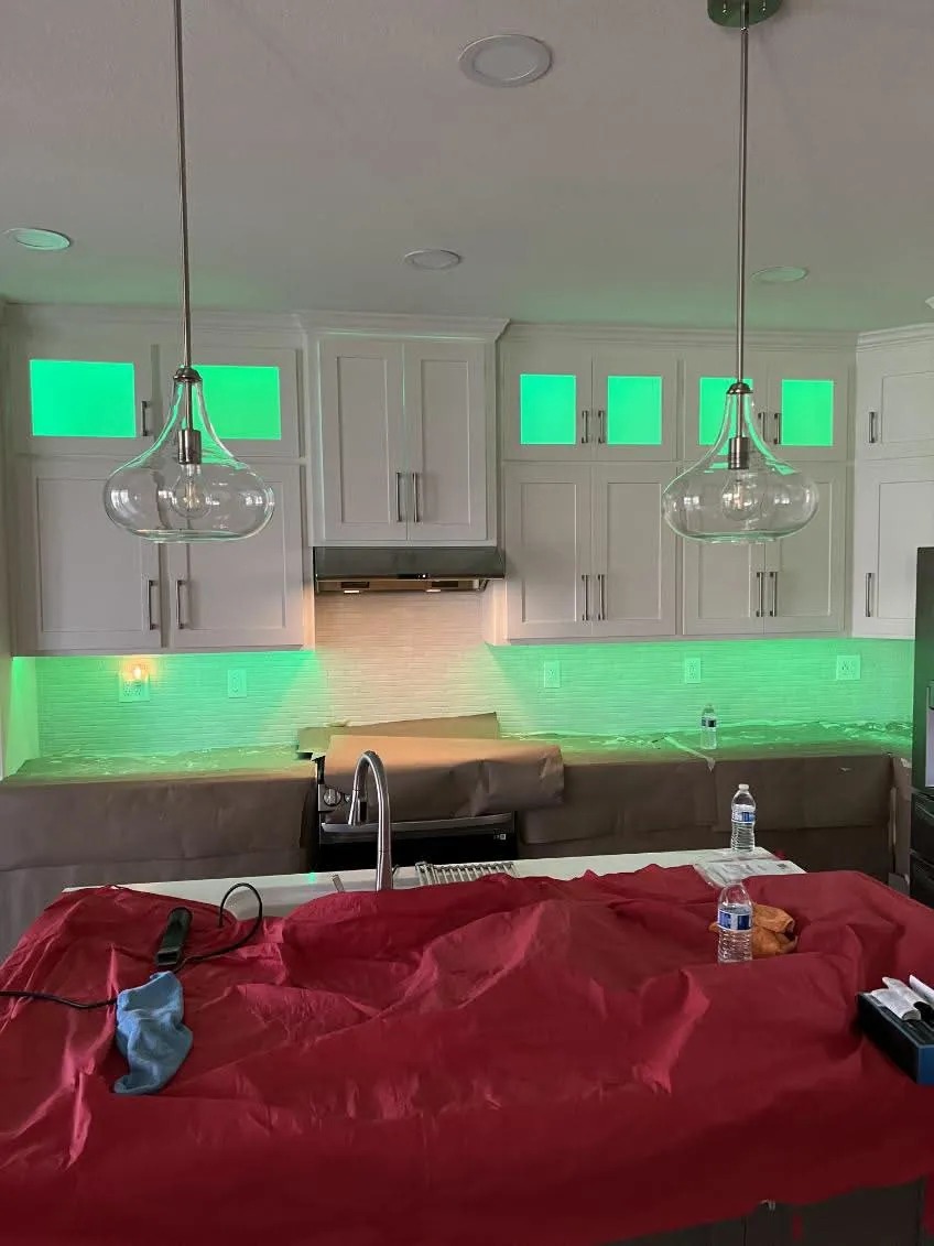Modern Kitchen Green LED Under-Cabinet Lighting & Glass Pendant Installation — Elk Grove