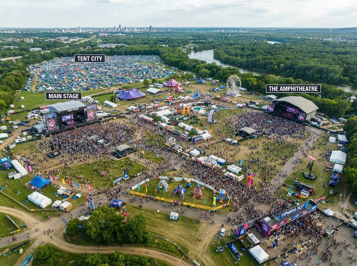 Comprehensive outdoor music festival production with multiple stages and infrastructure