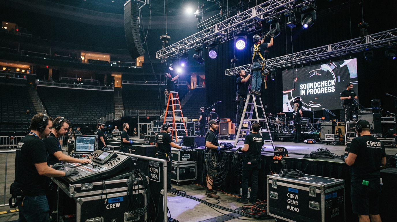 Professional event production crew collaborating on large-scale stage setup