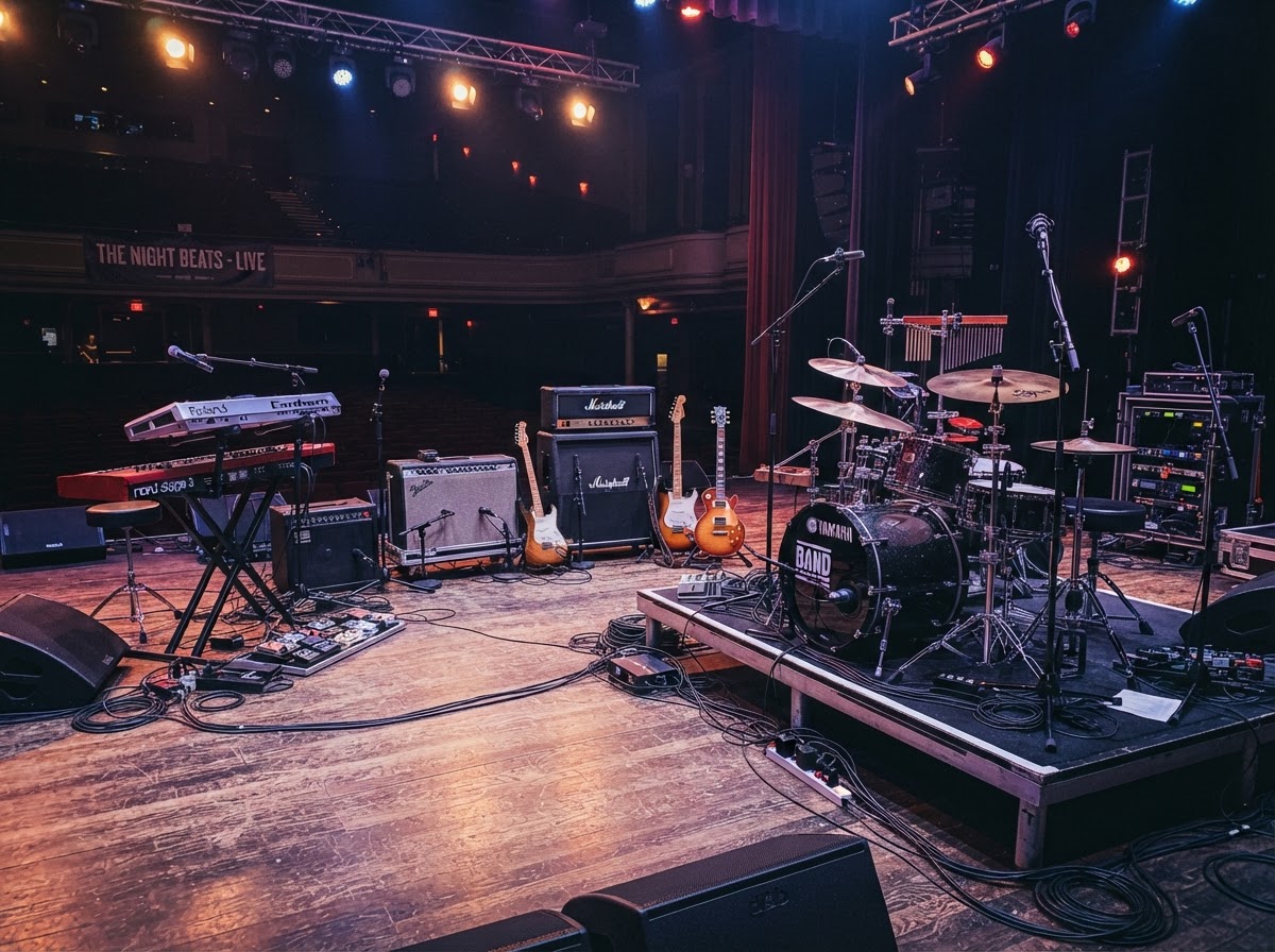Musical instruments backline equipment including drum kit and amplifiers on stage