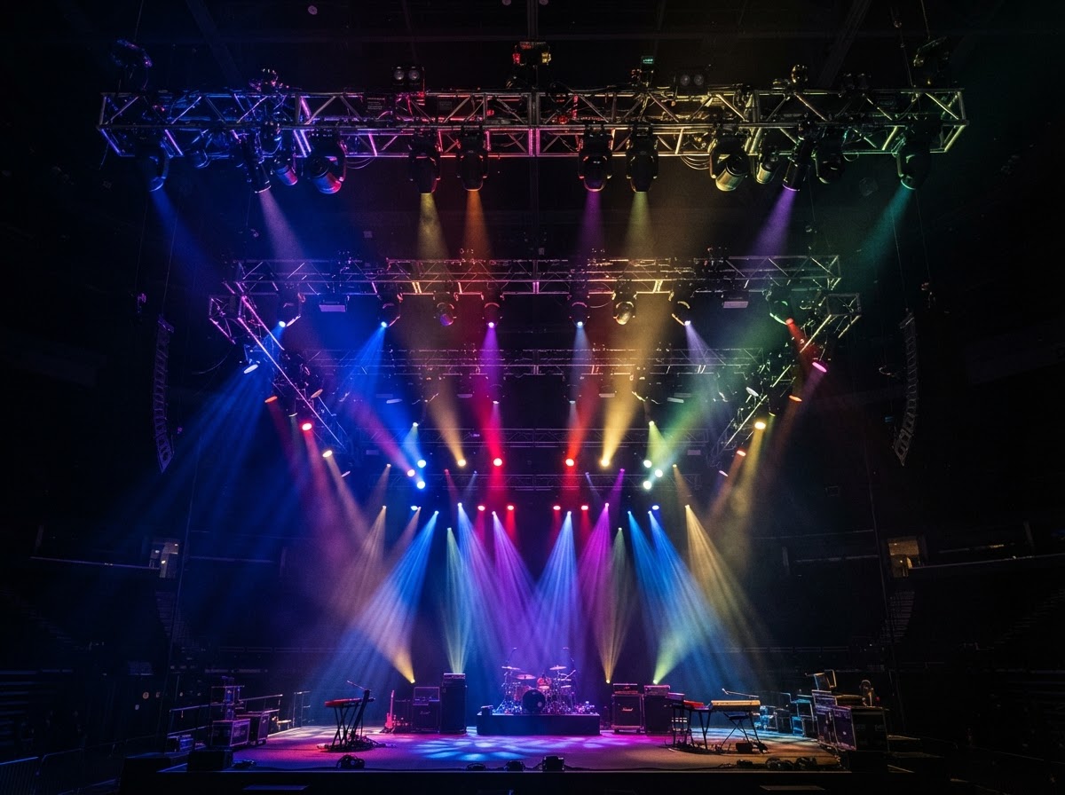 Concert stage lighting rig with colorful spotlights and atmospheric effects