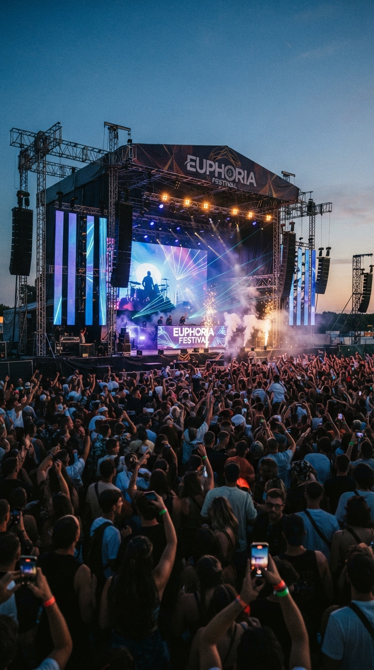 Massive outdoor music festival crowd facing a large stage with LED screens