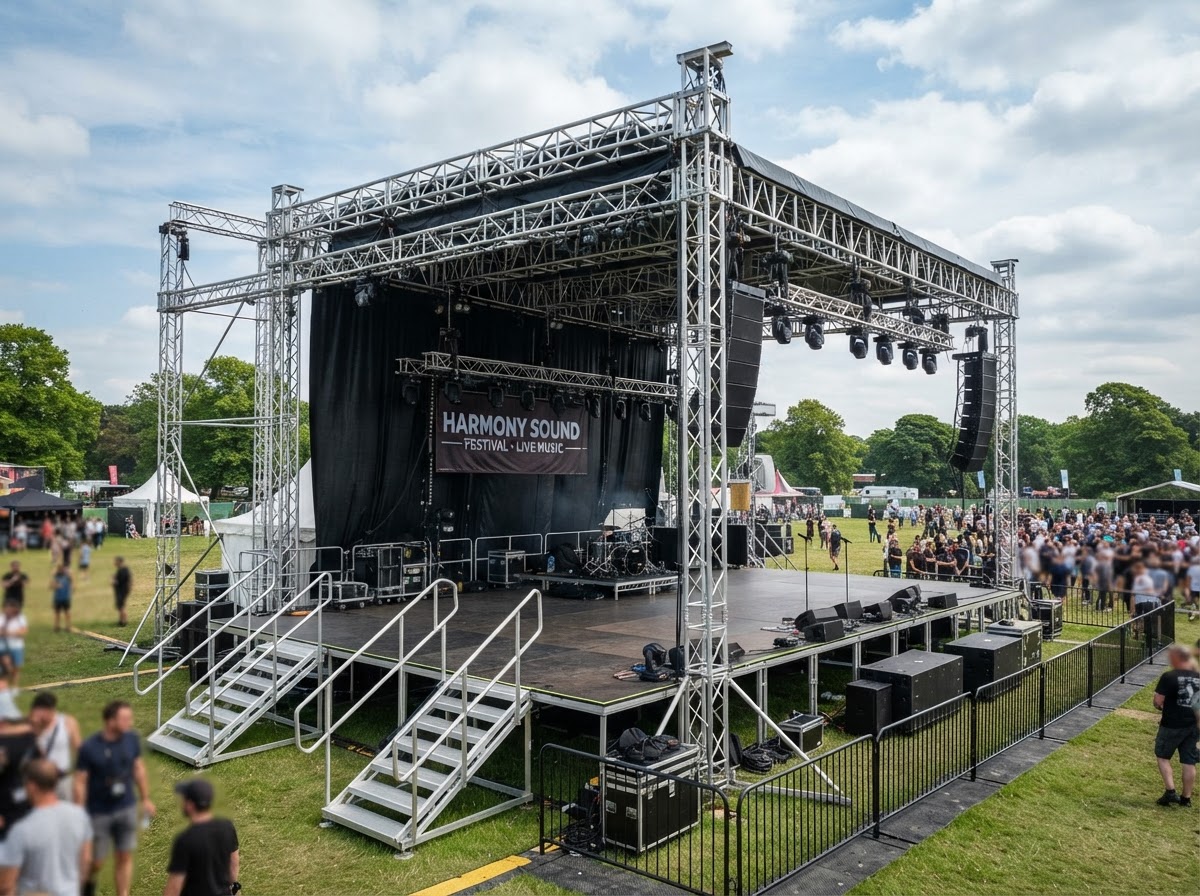 Aluminum truss structure and modular stage platform setup for events